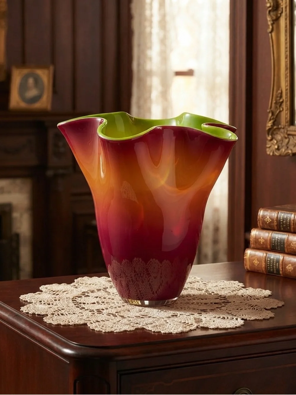 Vintage handkerchief Vase Vibrant Reddish/Brown and Green Vase